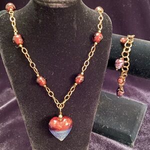STUNNING 14K GF STERLING SILVER PURPLE ART GLASS HEART Necklace & Bracelet Set
